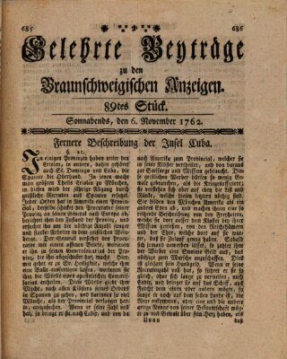 Braunschweigische Anzeigen. Gelehrte Beyträge zu den Braunschweigischen Anzeigen (Braunschweigische Anzeigen) Samstag 6. November 1762