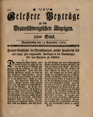 Braunschweigische Anzeigen. Gelehrte Beyträge zu den Braunschweigischen Anzeigen (Braunschweigische Anzeigen) Samstag 13. November 1762