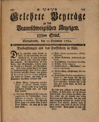 Braunschweigische Anzeigen. Gelehrte Beyträge zu den Braunschweigischen Anzeigen (Braunschweigische Anzeigen) Samstag 25. Dezember 1762