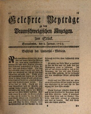 Braunschweigische Anzeigen. Gelehrte Beyträge zu den Braunschweigischen Anzeigen (Braunschweigische Anzeigen) Samstag 8. Januar 1763