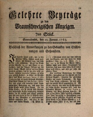 Braunschweigische Anzeigen. Gelehrte Beyträge zu den Braunschweigischen Anzeigen (Braunschweigische Anzeigen) Samstag 22. Januar 1763