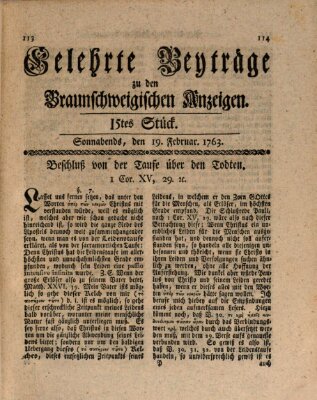 Braunschweigische Anzeigen. Gelehrte Beyträge zu den Braunschweigischen Anzeigen (Braunschweigische Anzeigen) Samstag 19. Februar 1763