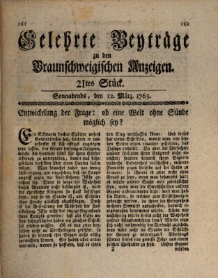 Braunschweigische Anzeigen. Gelehrte Beyträge zu den Braunschweigischen Anzeigen (Braunschweigische Anzeigen) Samstag 12. März 1763