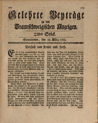 Braunschweigische Anzeigen. Gelehrte Beyträge zu den Braunschweigischen Anzeigen (Braunschweigische Anzeigen) Samstag 19. März 1763