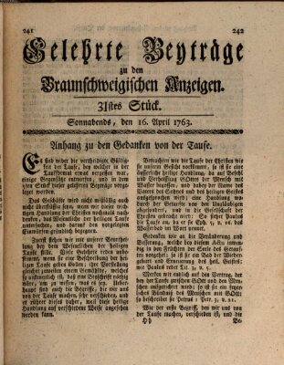 Braunschweigische Anzeigen. Gelehrte Beyträge zu den Braunschweigischen Anzeigen (Braunschweigische Anzeigen) Samstag 16. April 1763