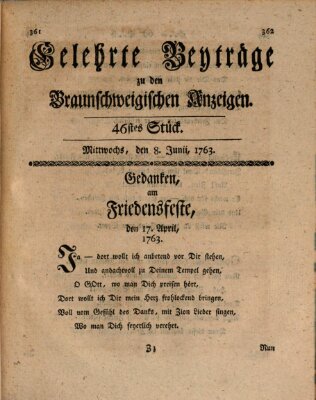 Braunschweigische Anzeigen. Gelehrte Beyträge zu den Braunschweigischen Anzeigen (Braunschweigische Anzeigen) Mittwoch 8. Juni 1763