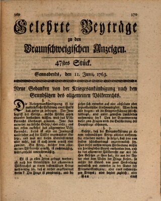 Braunschweigische Anzeigen. Gelehrte Beyträge zu den Braunschweigischen Anzeigen (Braunschweigische Anzeigen) Samstag 11. Juni 1763