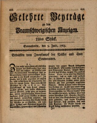 Braunschweigische Anzeigen. Gelehrte Beyträge zu den Braunschweigischen Anzeigen (Braunschweigische Anzeigen) Samstag 9. Juli 1763