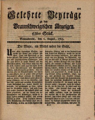 Braunschweigische Anzeigen. Gelehrte Beyträge zu den Braunschweigischen Anzeigen (Braunschweigische Anzeigen) Samstag 6. August 1763