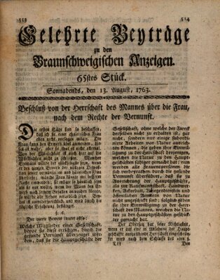 Braunschweigische Anzeigen. Gelehrte Beyträge zu den Braunschweigischen Anzeigen (Braunschweigische Anzeigen) Samstag 13. August 1763