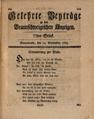 Braunschweigische Anzeigen. Gelehrte Beyträge zu den Braunschweigischen Anzeigen (Braunschweigische Anzeigen) Samstag 24. September 1763