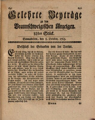 Braunschweigische Anzeigen. Gelehrte Beyträge zu den Braunschweigischen Anzeigen (Braunschweigische Anzeigen) Samstag 8. Oktober 1763