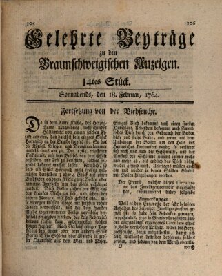 Braunschweigische Anzeigen. Gelehrte Beyträge zu den Braunschweigischen Anzeigen (Braunschweigische Anzeigen) Samstag 18. Februar 1764