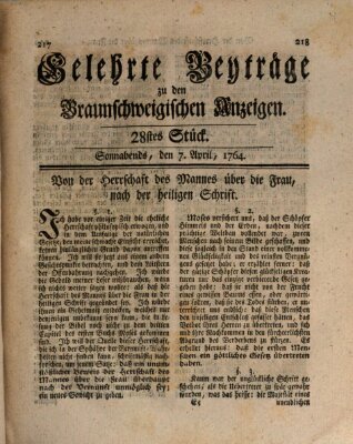 Braunschweigische Anzeigen. Gelehrte Beyträge zu den Braunschweigischen Anzeigen (Braunschweigische Anzeigen) Samstag 7. April 1764