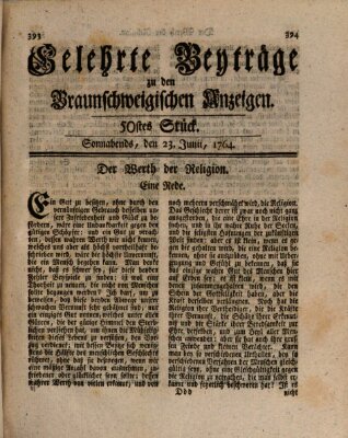 Braunschweigische Anzeigen. Gelehrte Beyträge zu den Braunschweigischen Anzeigen (Braunschweigische Anzeigen) Samstag 23. Juni 1764