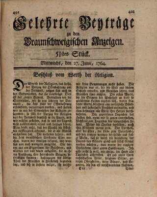 Braunschweigische Anzeigen. Gelehrte Beyträge zu den Braunschweigischen Anzeigen (Braunschweigische Anzeigen) Mittwoch 27. Juni 1764