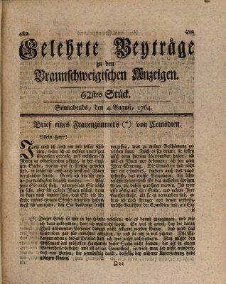 Braunschweigische Anzeigen. Gelehrte Beyträge zu den Braunschweigischen Anzeigen (Braunschweigische Anzeigen) Samstag 4. August 1764