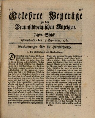 Braunschweigische Anzeigen. Gelehrte Beyträge zu den Braunschweigischen Anzeigen (Braunschweigische Anzeigen) Samstag 15. September 1764