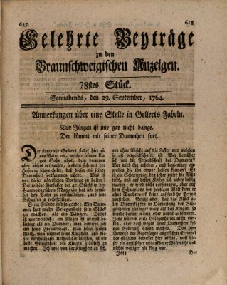 Braunschweigische Anzeigen. Gelehrte Beyträge zu den Braunschweigischen Anzeigen (Braunschweigische Anzeigen) Samstag 29. September 1764