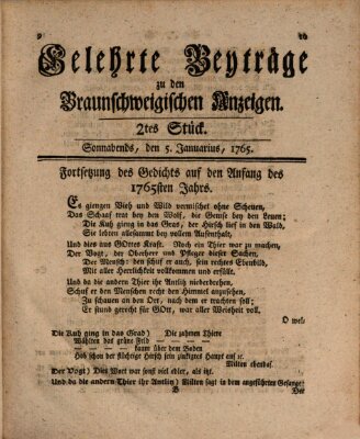 Braunschweigische Anzeigen. Gelehrte Beyträge zu den Braunschweigischen Anzeigen (Braunschweigische Anzeigen) Samstag 5. Januar 1765