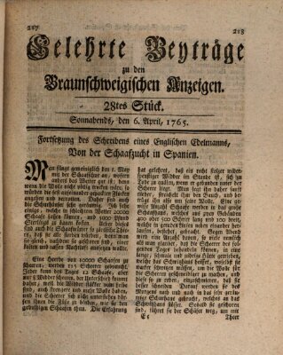 Braunschweigische Anzeigen. Gelehrte Beyträge zu den Braunschweigischen Anzeigen (Braunschweigische Anzeigen) Samstag 6. April 1765