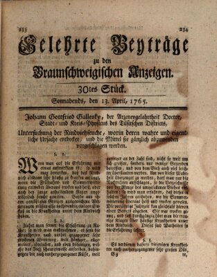 Braunschweigische Anzeigen. Gelehrte Beyträge zu den Braunschweigischen Anzeigen (Braunschweigische Anzeigen) Samstag 13. April 1765