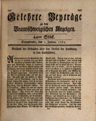 Braunschweigische Anzeigen. Gelehrte Beyträge zu den Braunschweigischen Anzeigen (Braunschweigische Anzeigen) Samstag 1. Juni 1765