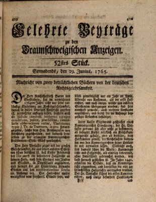 Braunschweigische Anzeigen. Gelehrte Beyträge zu den Braunschweigischen Anzeigen (Braunschweigische Anzeigen) Samstag 29. Juni 1765