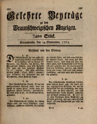 Braunschweigische Anzeigen. Gelehrte Beyträge zu den Braunschweigischen Anzeigen (Braunschweigische Anzeigen) Samstag 14. September 1765