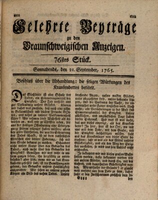 Braunschweigische Anzeigen. Gelehrte Beyträge zu den Braunschweigischen Anzeigen (Braunschweigische Anzeigen) Samstag 21. September 1765