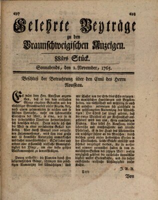 Braunschweigische Anzeigen. Gelehrte Beyträge zu den Braunschweigischen Anzeigen (Braunschweigische Anzeigen) Samstag 2. November 1765