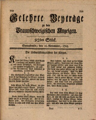 Braunschweigische Anzeigen. Gelehrte Beyträge zu den Braunschweigischen Anzeigen (Braunschweigische Anzeigen) Samstag 16. November 1765