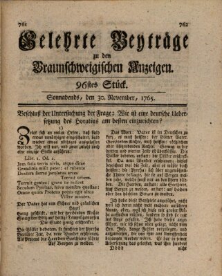 Braunschweigische Anzeigen. Gelehrte Beyträge zu den Braunschweigischen Anzeigen (Braunschweigische Anzeigen) Samstag 30. November 1765