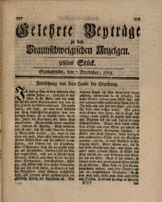 Braunschweigische Anzeigen. Gelehrte Beyträge zu den Braunschweigischen Anzeigen (Braunschweigische Anzeigen) Samstag 7. Dezember 1765