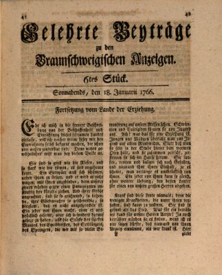 Braunschweigische Anzeigen. Gelehrte Beyträge zu den Braunschweigischen Anzeigen (Braunschweigische Anzeigen) Samstag 18. Januar 1766