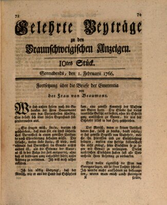 Braunschweigische Anzeigen. Gelehrte Beyträge zu den Braunschweigischen Anzeigen (Braunschweigische Anzeigen) Samstag 1. Februar 1766