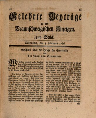 Braunschweigische Anzeigen. Gelehrte Beyträge zu den Braunschweigischen Anzeigen (Braunschweigische Anzeigen) Mittwoch 5. Februar 1766