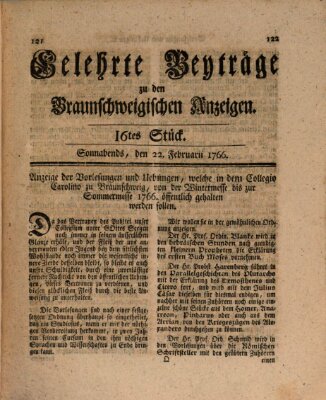 Braunschweigische Anzeigen. Gelehrte Beyträge zu den Braunschweigischen Anzeigen (Braunschweigische Anzeigen) Samstag 22. Februar 1766