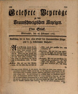 Braunschweigische Anzeigen. Gelehrte Beyträge zu den Braunschweigischen Anzeigen (Braunschweigische Anzeigen) Mittwoch 26. Februar 1766