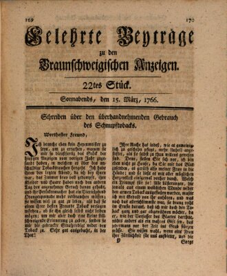 Braunschweigische Anzeigen. Gelehrte Beyträge zu den Braunschweigischen Anzeigen (Braunschweigische Anzeigen) Samstag 15. März 1766