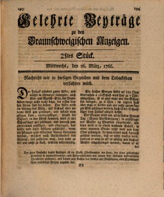 Braunschweigische Anzeigen. Gelehrte Beyträge zu den Braunschweigischen Anzeigen (Braunschweigische Anzeigen) Mittwoch 26. März 1766