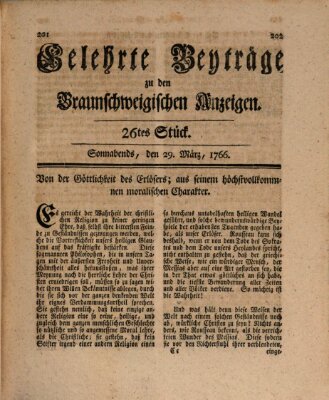 Braunschweigische Anzeigen. Gelehrte Beyträge zu den Braunschweigischen Anzeigen (Braunschweigische Anzeigen) Samstag 29. März 1766