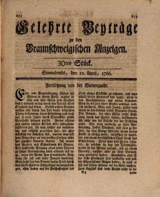 Braunschweigische Anzeigen. Gelehrte Beyträge zu den Braunschweigischen Anzeigen (Braunschweigische Anzeigen) Samstag 12. April 1766