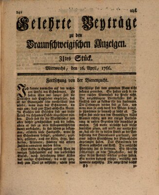 Braunschweigische Anzeigen. Gelehrte Beyträge zu den Braunschweigischen Anzeigen (Braunschweigische Anzeigen) Mittwoch 16. April 1766