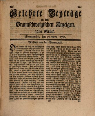 Braunschweigische Anzeigen. Gelehrte Beyträge zu den Braunschweigischen Anzeigen (Braunschweigische Anzeigen) Samstag 19. April 1766