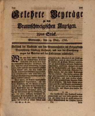 Braunschweigische Anzeigen. Gelehrte Beyträge zu den Braunschweigischen Anzeigen (Braunschweigische Anzeigen) Mittwoch 14. Mai 1766