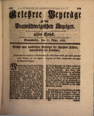 Braunschweigische Anzeigen. Gelehrte Beyträge zu den Braunschweigischen Anzeigen (Braunschweigische Anzeigen) Samstag 17. Mai 1766