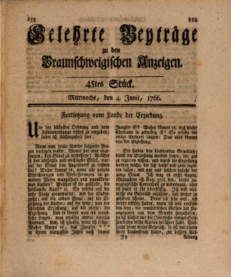 Braunschweigische Anzeigen. Gelehrte Beyträge zu den Braunschweigischen Anzeigen (Braunschweigische Anzeigen) Mittwoch 4. Juni 1766