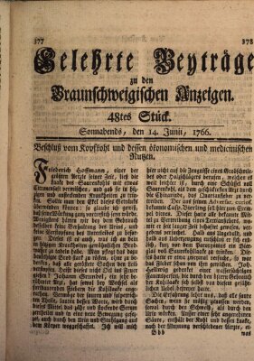 Braunschweigische Anzeigen. Gelehrte Beyträge zu den Braunschweigischen Anzeigen (Braunschweigische Anzeigen) Samstag 14. Juni 1766