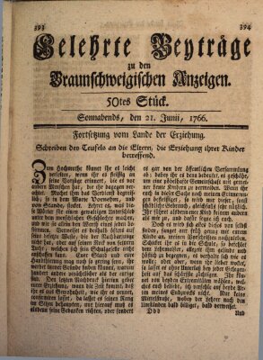 Braunschweigische Anzeigen. Gelehrte Beyträge zu den Braunschweigischen Anzeigen (Braunschweigische Anzeigen) Samstag 21. Juni 1766